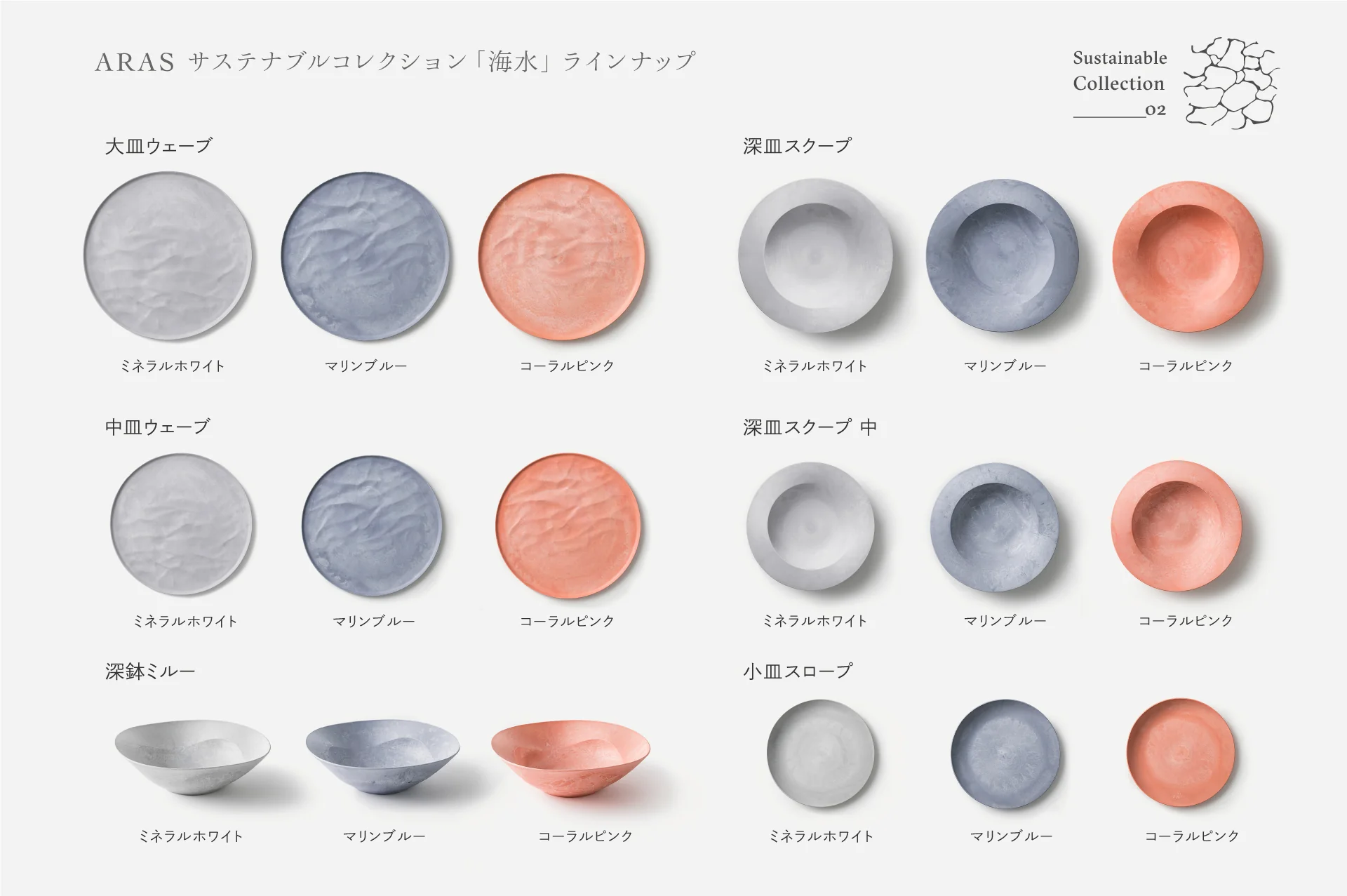 サステナブルコレクション海水の全8種3色ラインナップ図